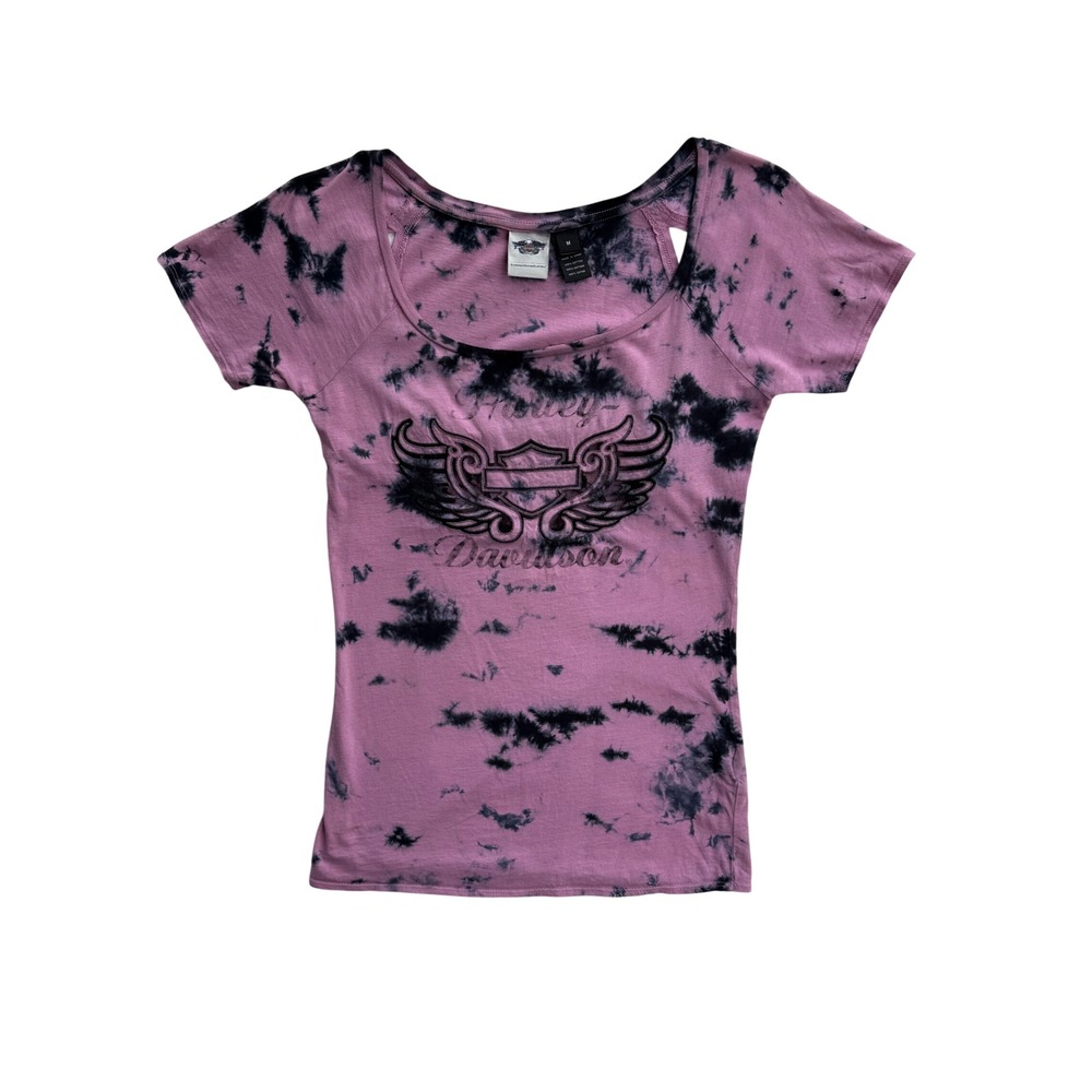 HARLEY DAVIDSON Women's M Pink Black Tie Dye Winged Logo Cutout Back T-Shirt